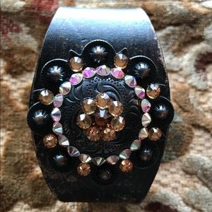 Artisan Leather Bracelet w/ Swarovski Crystals.